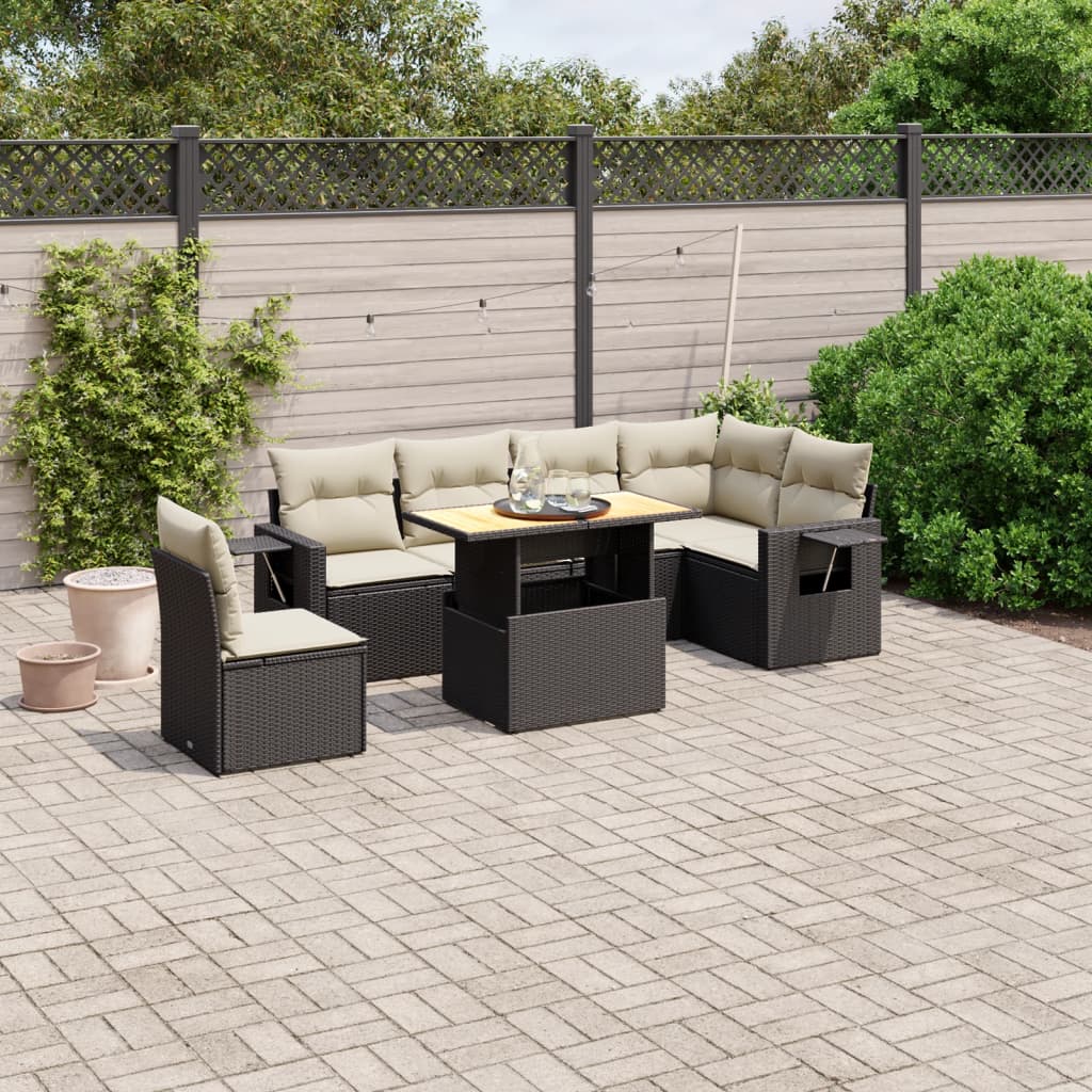 7-tlg. Garten-Sofagarnitur mit Kissen Schwarz Poly Rattan